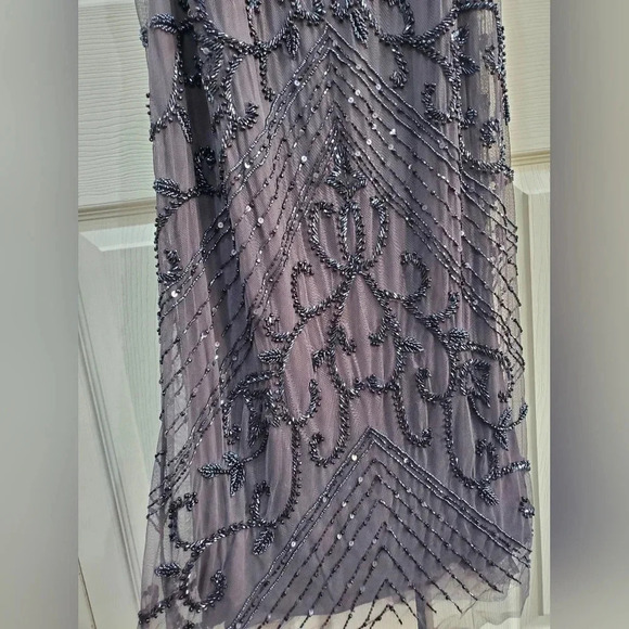 PISARRO NIGHTS 14 Beaded Mesh Column Gown Slate NWT - Picture 9 of 16